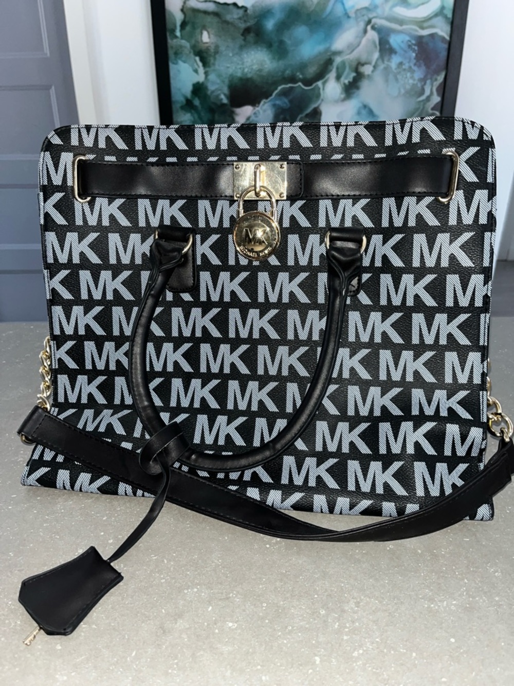 Black and Blue-Gray MK Logo Satchel with Gold Hardware